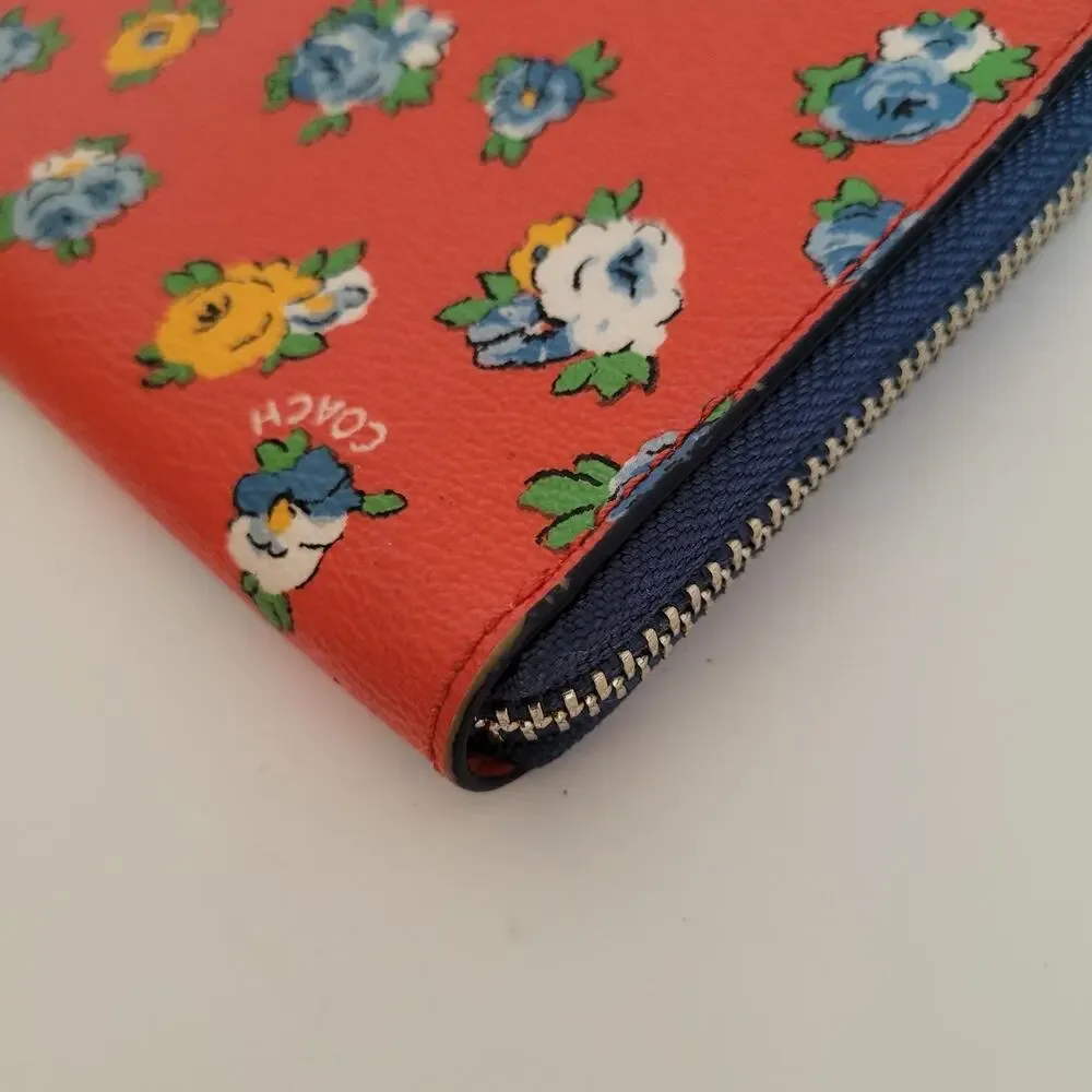 Coach‎ Accordion Zip Wallet Tea Rose Floral Print Coated Canvas Blue Red F57649